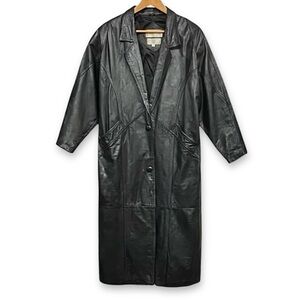 Vintage 80s Black Leather Trench Coat Silvercord Womens Size S Oversized Long